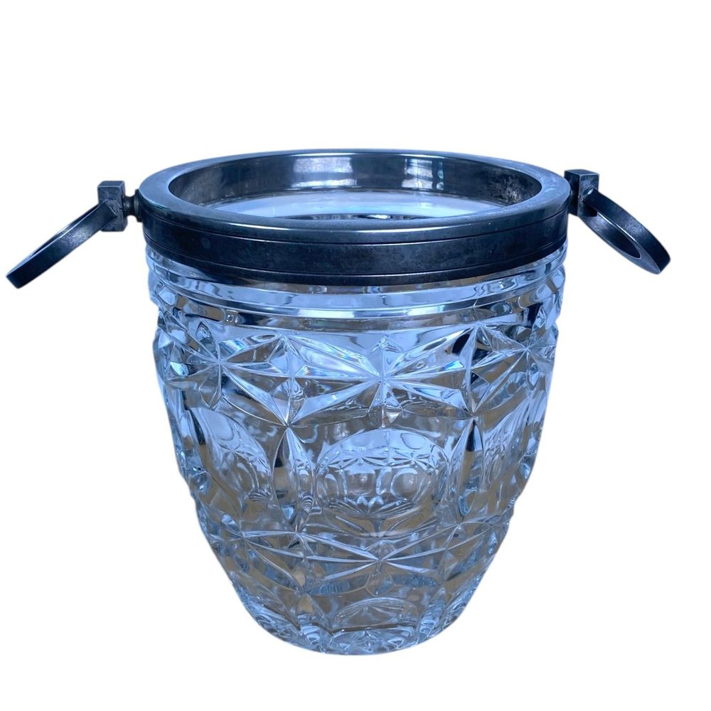 Vintage French Cut Glass Ice Bucket Silver Plate Ring Handles Barware Heavy- SS